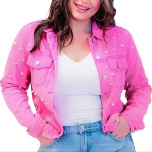 Jess Lea Hot Pink Collared  Longsleeve Jean Jacket All Over Pearl Embellished